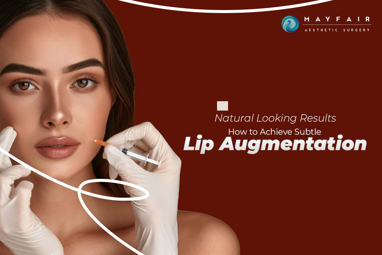 Aesthetic image showcasing a professional lip augmentation procedure with a focus on achieving natural-looking results. A model with defined features receives subtle lip enhancement treatment, emphasizing precision and care by Mayfair Aesthetic Surgery.