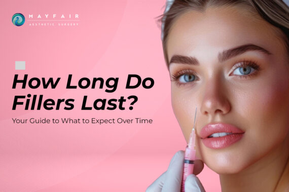 Lip filler results: Close-up of a woman receiving a dermal filler injection on her face with a pink aesthetic background. Text overlay reads 'How Long Do Fillers Last? Your Guide to What to Expect Over Time.' Mayfair Aesthetic Surgery branding in the top left corner.