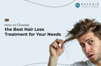 Confused young man examining hair loss with text 'How to Choose the Best Hair Loss Treatment for Your Needs' and Mayfair Aesthetic Surgery logo, representing expert hair restoration solutions.
