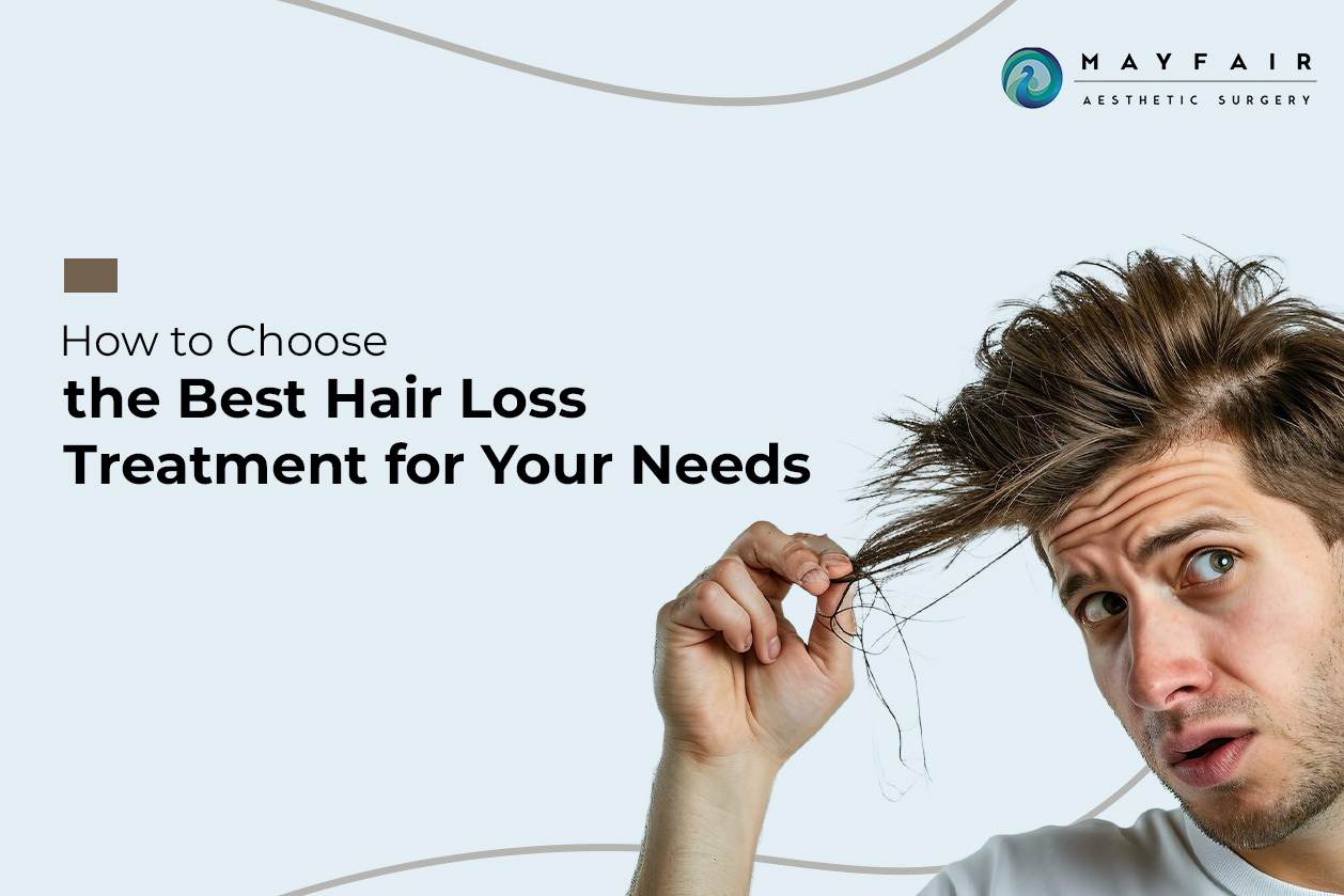 Confused young man examining hair loss with text 'How to Choose the Best Hair Loss Treatment for Your Needs' and Mayfair Aesthetic Surgery logo, representing expert hair restoration solutions.